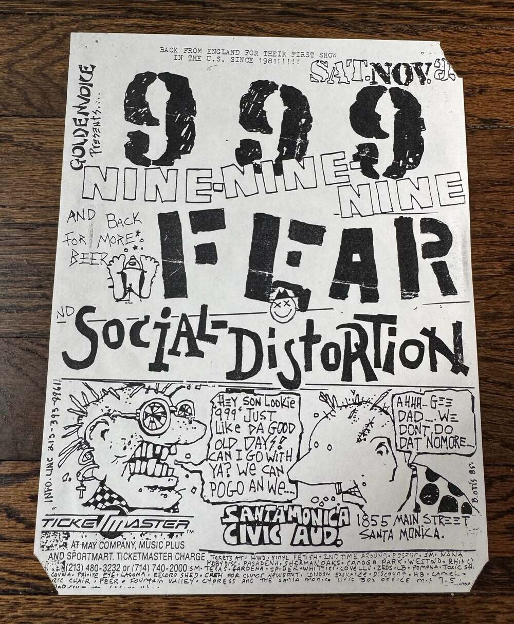 VTG 1985 8.5” x 11” 999 Fear Social Distortion Goldenvoice CALI Punk Flyer REPRO